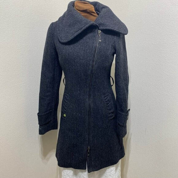 SOIA & KYO Gray Herringbone Wool Blend Trench Coat Petite Small No Belt - Picture 1 of 11